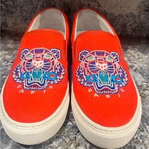 Kenzo Bright Red Slip-Ons with Tiger Design